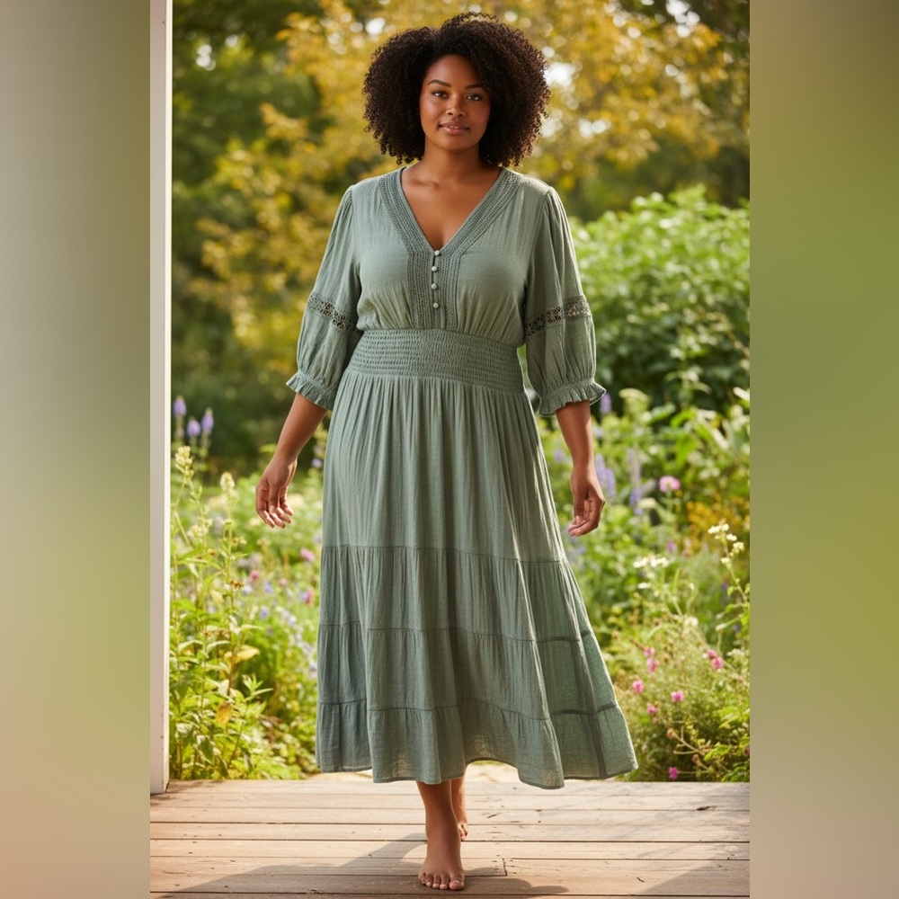 KINGS ROAD Maxi Dress Peasant Puff Sleeves Sage Green 2X